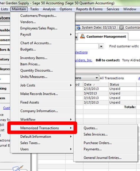 Sage 50 Memorized Transactions